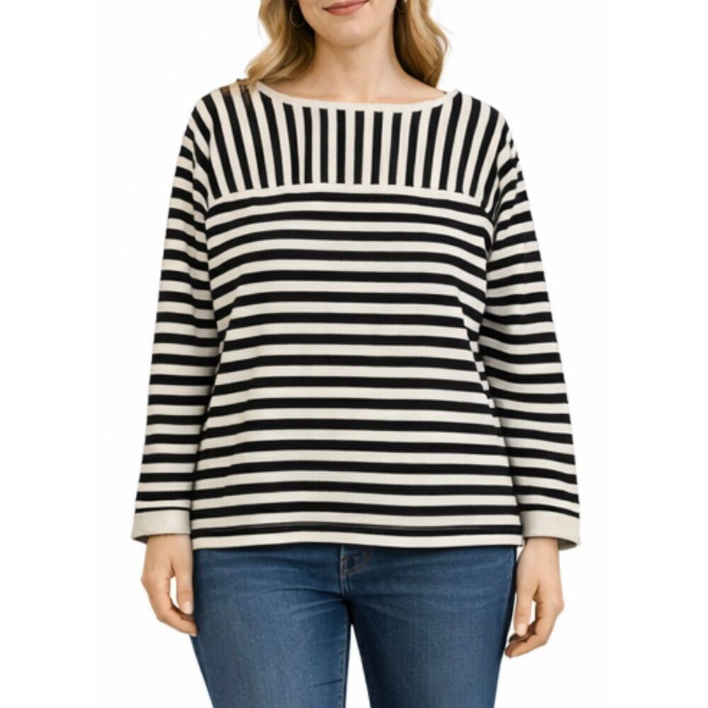 Joan Vass striped cotton coat neck top size large